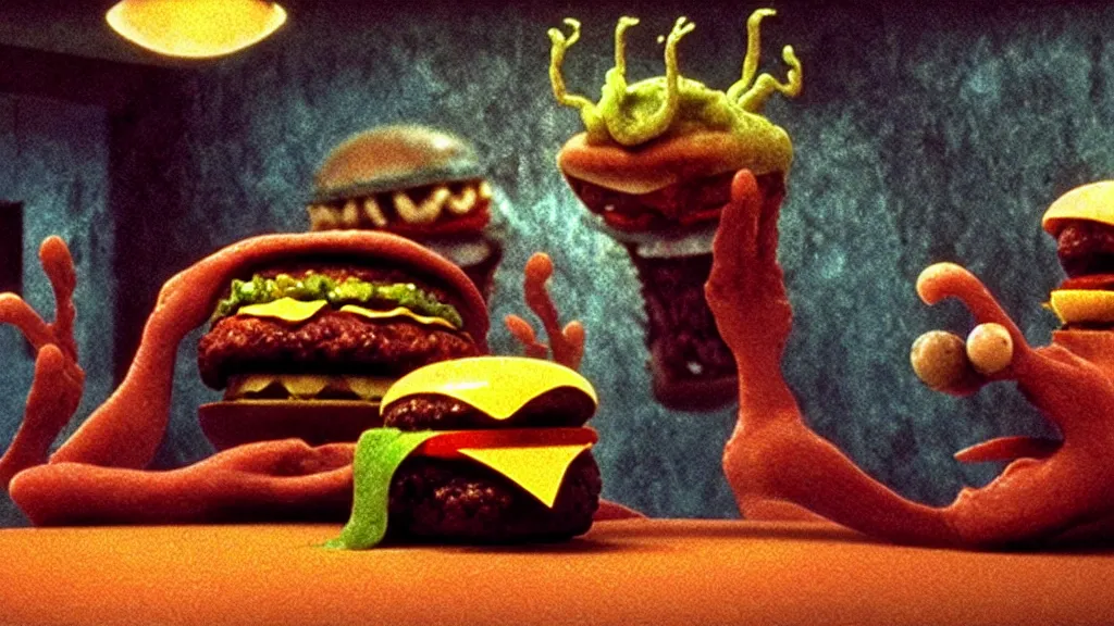 Image similar to the strange cheeseburger creature loves everybody at the fast food place, film still from the movie directed by denis villeneuve and david cronenberg with art direction by salvador dali and zdzisław beksinski, wide lens