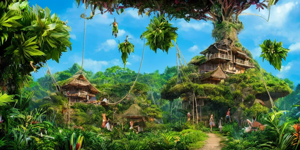 Prompt: live action cinematic version of swiss family robinson, robinson family treehouse, volumetric lighting, blooming tropical flowers and datura, cinematic