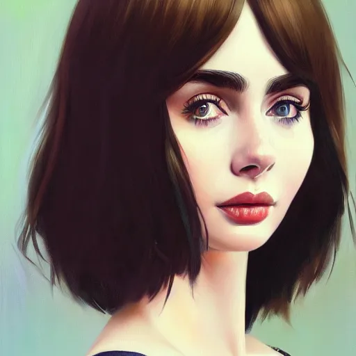 Image similar to of an ultradetailed beautiful portrait panting of lilly collins, front view, oil painting, by ilya kuvshinov, greg rutkowski and makoto shinkai