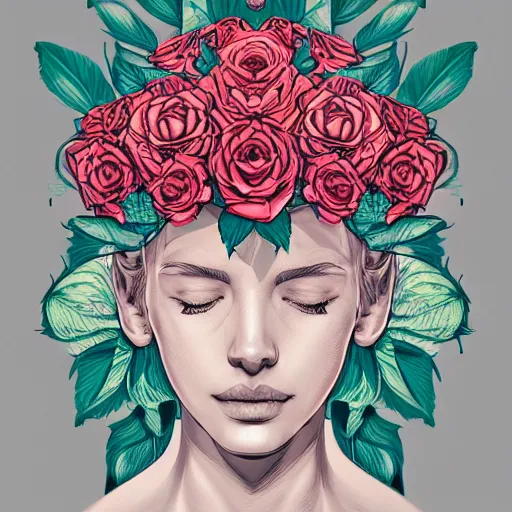 Image similar to the anatomy of a head of lettuce with roses that resemble a beautiful woman, an ultrafine detailed illustration by james jean, intricate linework, bright colors, final fantasy, behance contest winner, vanitas, angular, altermodern, unreal engine, global illumination, radiant light, detailed and intricate environment