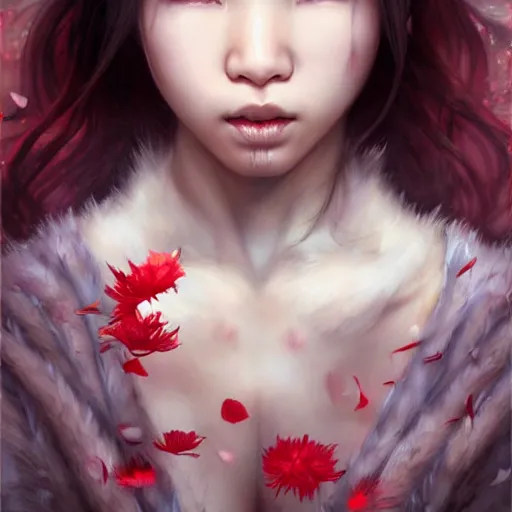 Image similar to very very very beautiful asian girl turning into a ferocious werewolf, large teeth, falling flower petals, epic digital painting, art by wlop and raymond swanland and chie yoshii, extreme detail