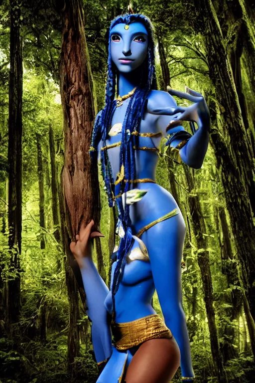 Prompt: a young woman dressed as a blue-skinned female navi from avatar standing in a forest, high resolution film still, 8k, HDR colors, cosplay, outdoor lighting, high resolution photograph, photo by bruce weber