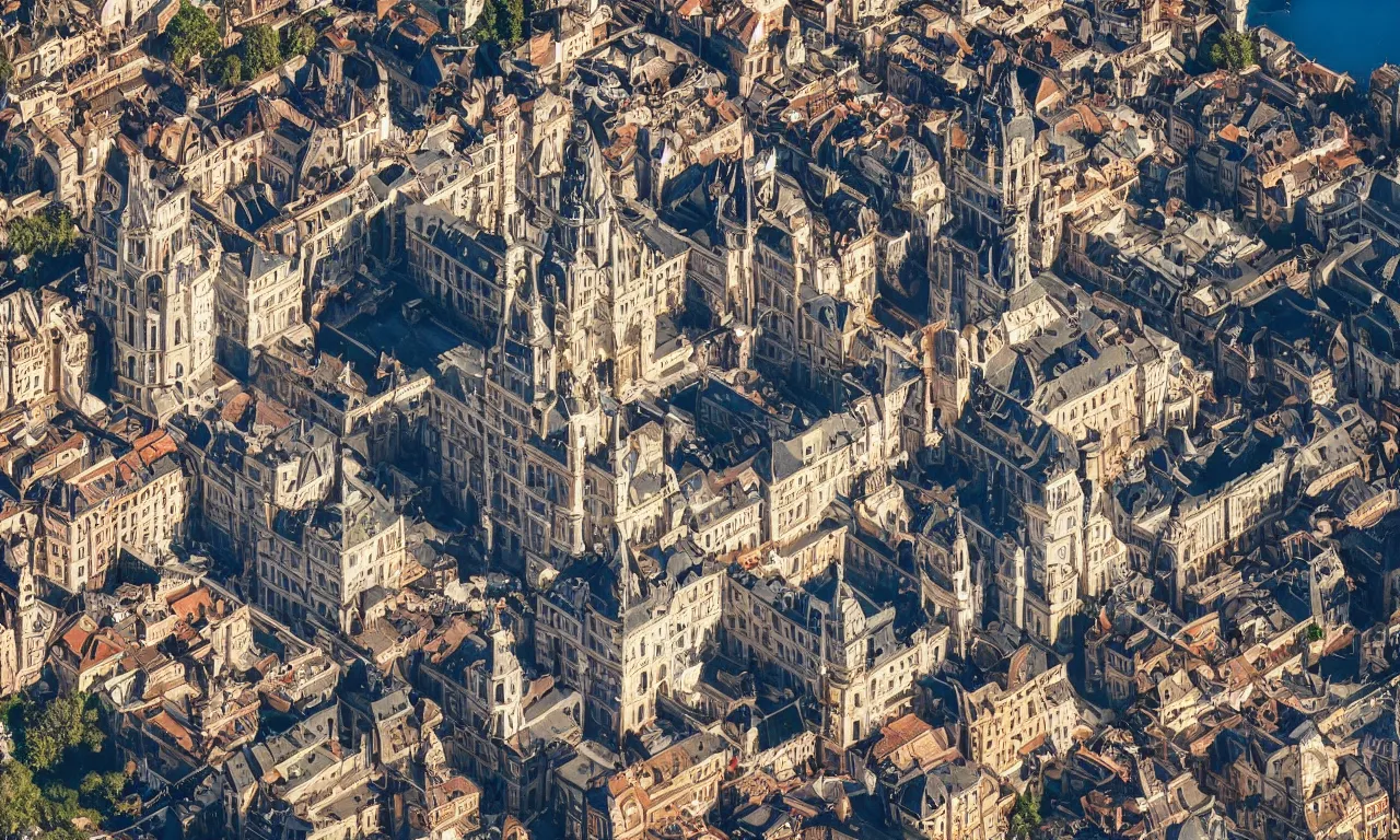 Image similar to highly detailed, intricate stunning image of an ornate baroque city landscape poking through the clouds into the bright blue sky : : 6, looking down from a balcony high up a tower : : 1 0, surrounded by higer baroque castle towers, high octane, cinematic lighting 4 k