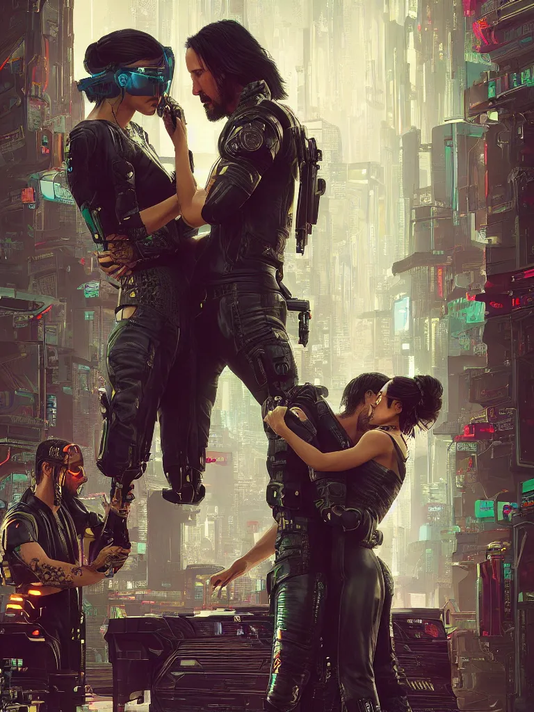 Prompt: a cyberpunk 2077 wedding couple portrait of Keanu Reeves and V kissed,love,film lighting,by Lawrence Alma-Tadema,Andrei Riabovitchev,Laurie Greasley,Dan Mumford, John Wick,Speed,Replicas,artstation,deviantart,FAN ART,full of color,Digital painting,face enhance,highly detailed,8K,octane,golden ratio,cinematic lighting