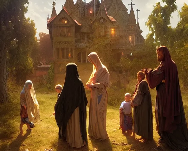 Image similar to poor hungry family praying to a cross, emotional sad painting, very poor, medieval peasants, fantasy, cruel, dramatic lighting, intricate, wild, highly detailed, digital painting, artstation, concept art, smooth, sharp focus, illustration, art by artgerm and greg rutkowski and alphonse mucha