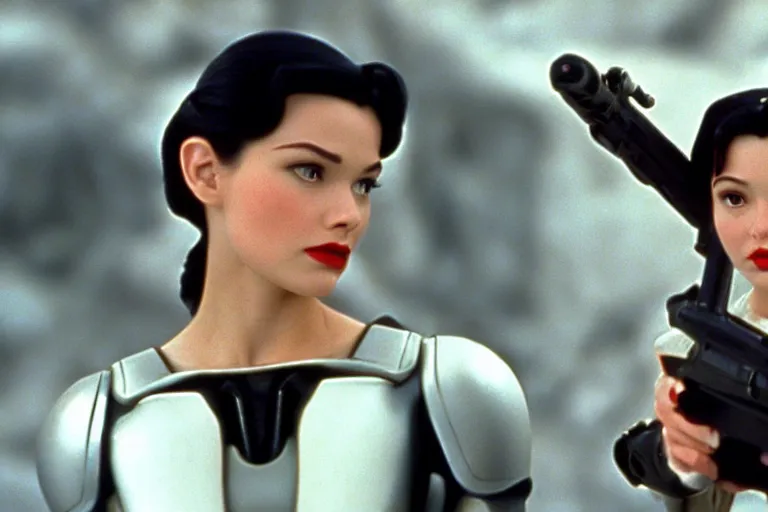 Image similar to Snow White in Starship Troopers (1997), highly detailed, high quality, HD, 4k, 8k, Canon 300mm, professional photographer, 40mp, lifelike, top-rated, award winning, realistic, sharp, no blur, edited, corrected, trending