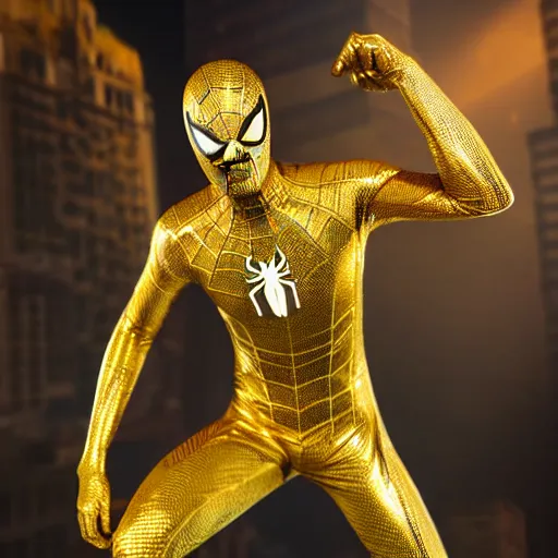 Image similar to gold spider - man suit with black web lining, cinematic, volumetric lighting, realistic, hyperdetailed, photorealistic, photograph