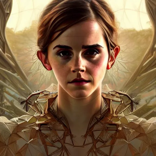 Image similar to emma watson robotic portrait of forest gog, male, clear face, symetrical, masculine, full body, muscular, fantasy, intricate, elegant, highly detailed, digital painting, artstation, concept art, matte, sharp focus, illustration, art by artgerm and greg rutkowski and alphonse mucha