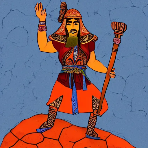 Prompt: persian folktale art style, barbarian on mars, standing atop boulder overlooking expanse, wearing a mask