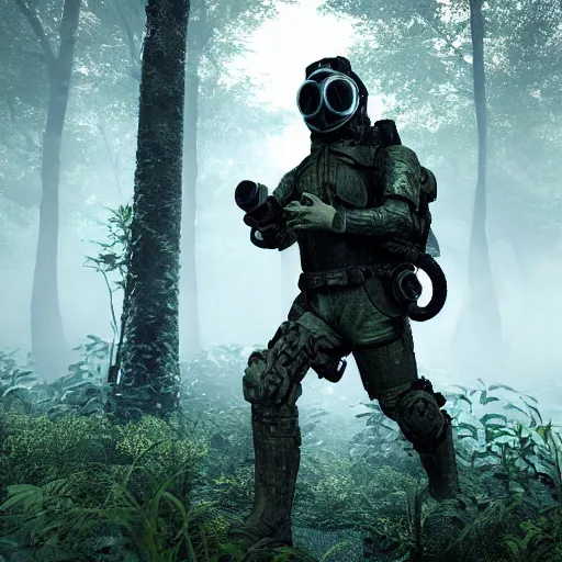 Prompt: a heavily armored man wearing a gasmask, walking through a lush jungle, realistic octane render, ray traced, god rays, extremely high detail