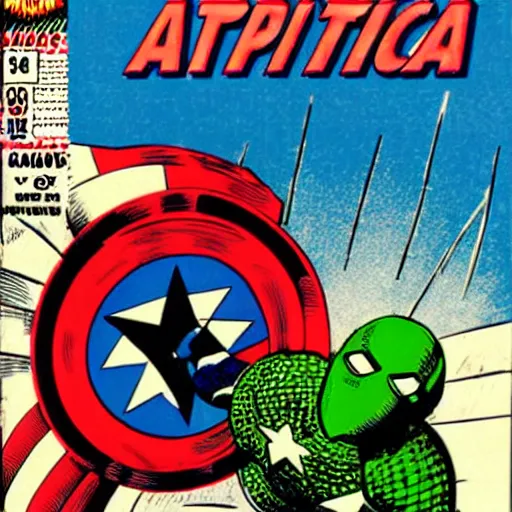 Prompt: Captain America fighting a vilain dressed as a giant pickle, comic book cover, by Stan Lee