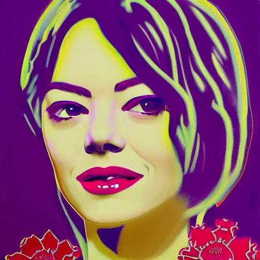 Image similar to detailed oil painting of emma stone in detail with flowers by james jean, by andy warhol