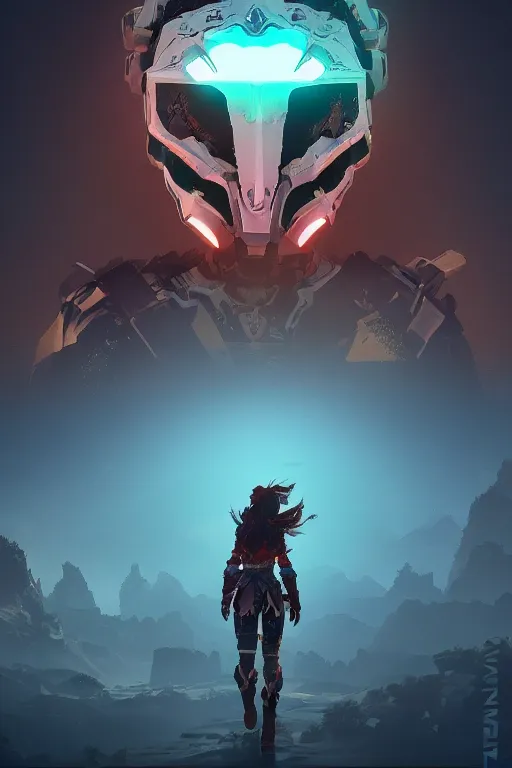 Image similar to combination suit armor aloy horizon forbidden west horizon zero dawn radiating a glowing aura global illumination ray tracing hdr fanart arstation by ian pesty and alena aenami artworks in 4 k tribal robot ninja mask helmet backpack