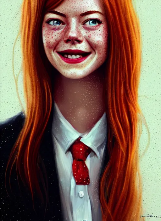 Prompt: portrait of teenage emma stone, freckles, long flowing ginger hair, white shirt and red tie, smiling kindly, friendly, 1 9 8 0 s, intricate, elegant, glowing lights, highly detailed, digital painting, artstation, concept art, smooth, sharp focus, illustration, art by wlop, mars ravelo and greg rutkowski