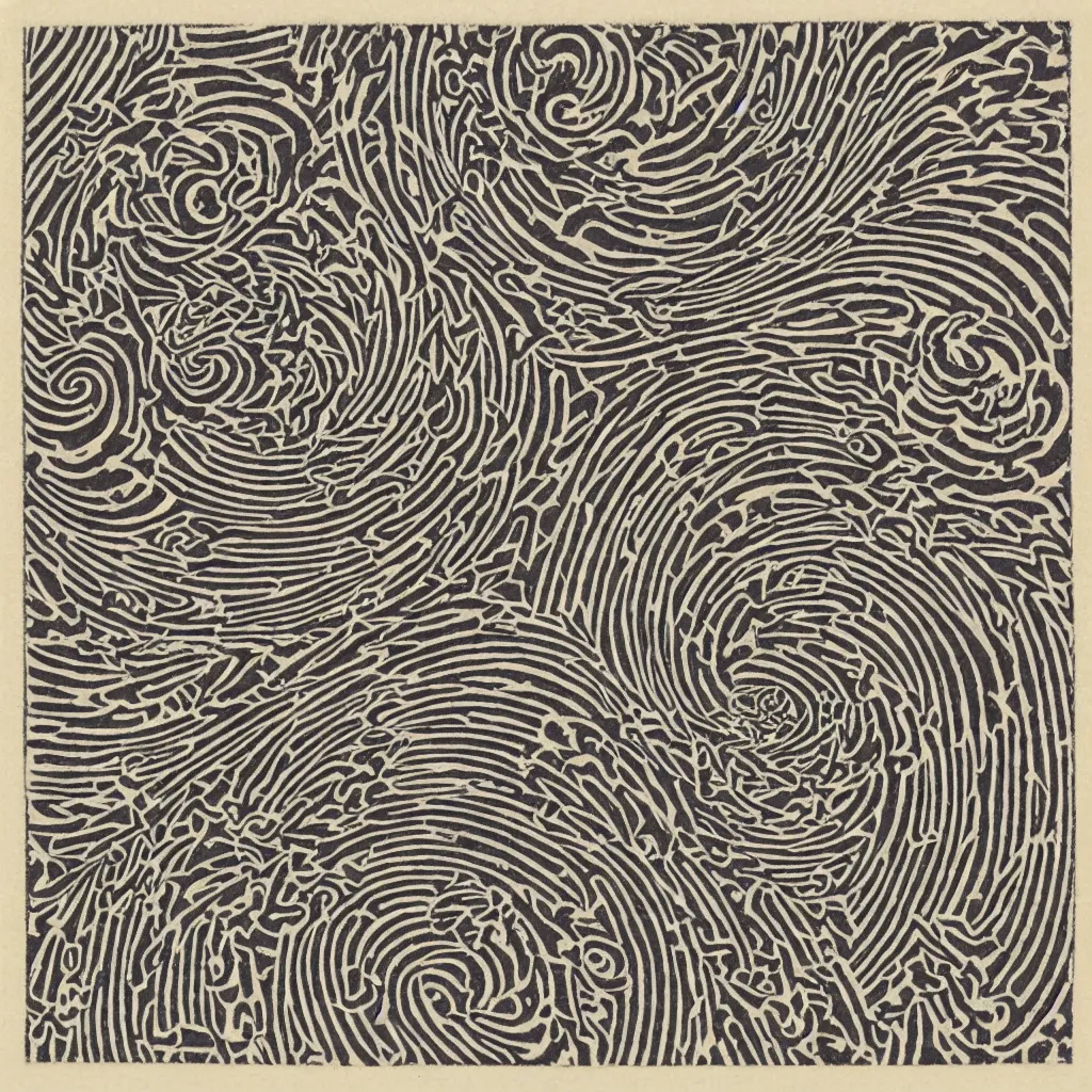 Image similar to optical illusion woodblock print, galactic stamp pattern