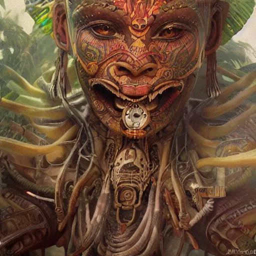 Prompt: An Alien Robot Mayan Ruler, facial tattoos, artists portrait, biomechanical, wild jungle, fantasy, highly detailed, digital painting, concept art, sharp focus, depth of field blur, illustration, art by artgerm and greg rutkowski and alphonse mucha