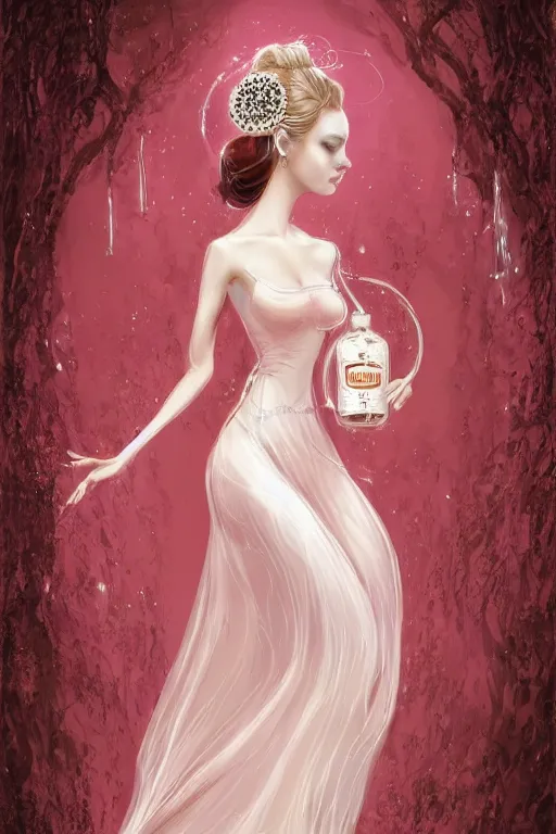 Prompt: a beautiful 4 0 years old chatain hair woman in a pink - red long dress levitates three precious little transparent bottle filled with a magic ivory white liquid with a black sticker on it, fantasy, intricate, elegant, highly detailed, digital painting, artstation, concept art, matte, sharp focus, illustration,