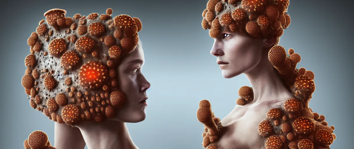 Image similar to hyperrealist highly detailed english medieval portrait of high fashion model wearing fungal fungus fungal growpth mycelia mycel mycelia funal spores spores mycel network armor, lopsided obscure body shape, radiating atomic neon corals, concept art pascal blanche dramatic studio lighting 8k wide angle shallow depth of field