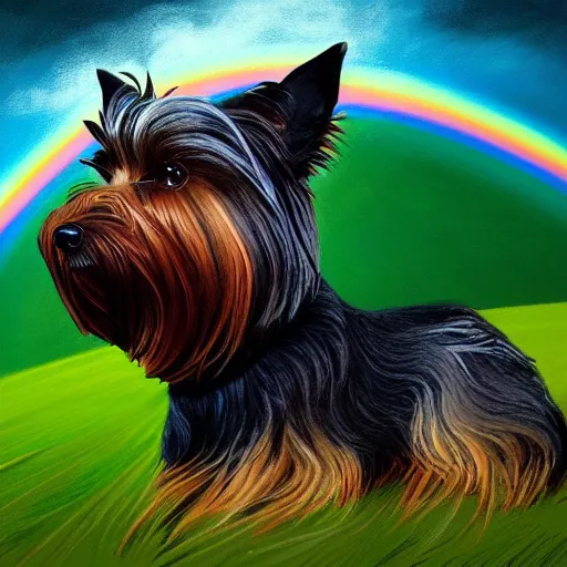 Prompt: head and shoulders portrait of modern darna, yorkshire terrier in a green field with a rainbow above, intricate, elegant, dark vibes, highly detailed, digital painting, artstation, glamor pose, concept art, smooth, sharp focus, illustration, art by wlop, mars ravelo and greg rutkowski