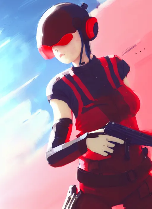 Prompt: a girl with red sports clothes, softair mask, reflective lens, softair center landscape, illustration, concept art, anime key visual, trending pixiv fanbox, by wlop and greg rutkowski and makoto shinkai and studio ghibli and kyoto animation, airsoft cqb, short hair, realistic airsoft electric pistol, realistic anatomy