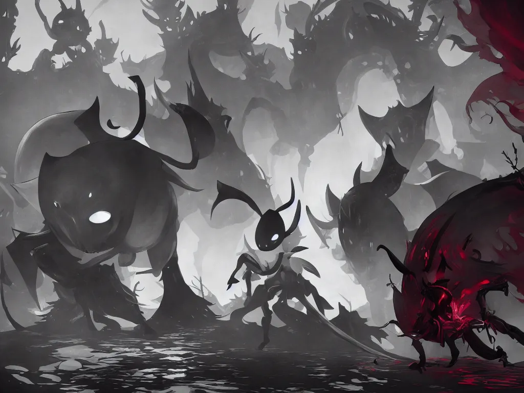 Image similar to cover art for hollow knight. Corrupted. High detail. No text. Red. nightmare king grimm. Sharp. 4K 8K. Detailed shapes.