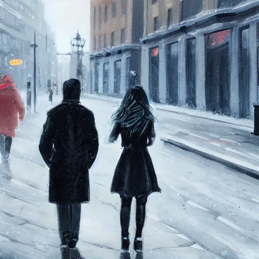 Image similar to two people in the street of london in winters, trending on artstation