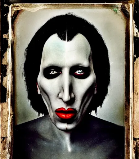 Image similar to portrait of marilyn manson by joel peter witkin and hieronymus bosch, high quality, high detail