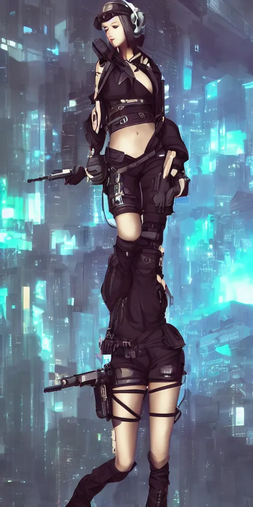 Image similar to fullbody portrait of a beautiful girl dressed in cyberpunk style, standing on street, holding a sniper rifle. by riot games, anime style, masterpiece, award - winning, trending on artstation and pixiv