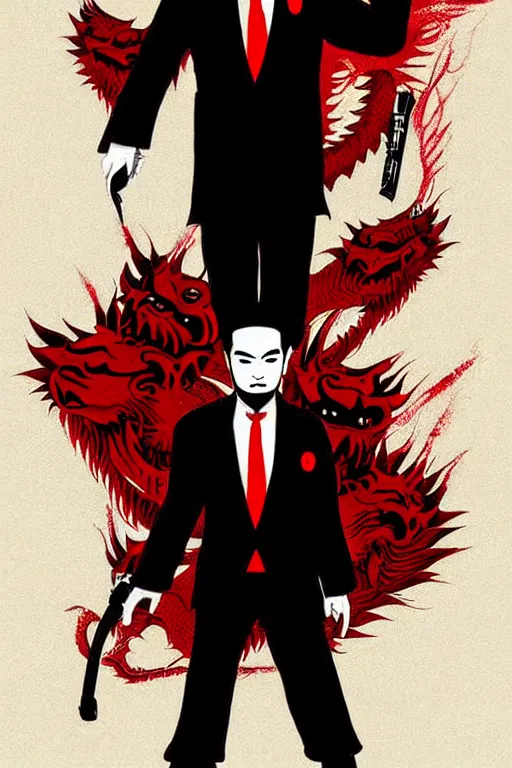 Image similar to chinnese mafia, with black suit and red tissue, some of leader have dragon tatto. digital art, concept art, pop art, bioshock art style, accurate, detailed, gta chinatown art style, cuphead art style, dynamic, face features, body features, ultra realistic, smooth, sharp focus, art by richard hamilton and mimmo rottela