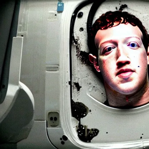 Prompt: a leaking white fluid Mark Zuckerberg cyborg head on the floor. Nostromo Alien movie.