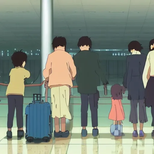 Prompt: A family saying goodbye to their children at a busy airport, by Dice Tsutsumi, Makoto Shinkai, Studio Ghibli