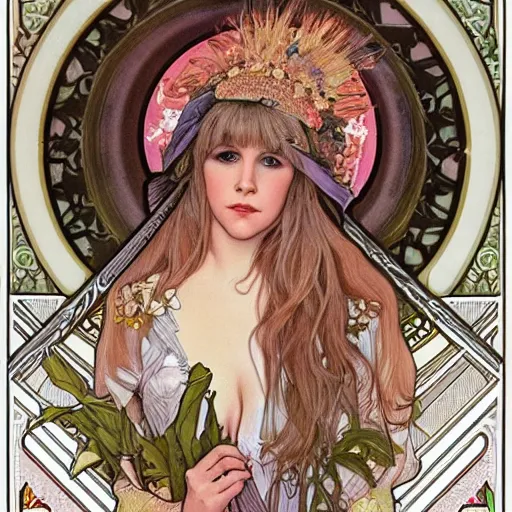 Image similar to beautiful lifelike award winning pencil illustration of stevie nicks trending on art station alphonse mucha cinematic atmospheric