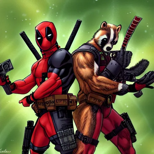 Image similar to deadpool and rocket raccoon in the woods digital art 4 k detailed