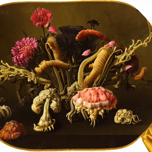 Image similar to disgusting disturbing dutch golden age bizarre mutant flower floral still life with many human toes very detailed fungus disturbing tendrils bizarre slimy forms sprouting up everywhere by rachel ruysch black background chiaroscuro dramatic lighting perfect composition high definition 8 k 1 0 8 0 p