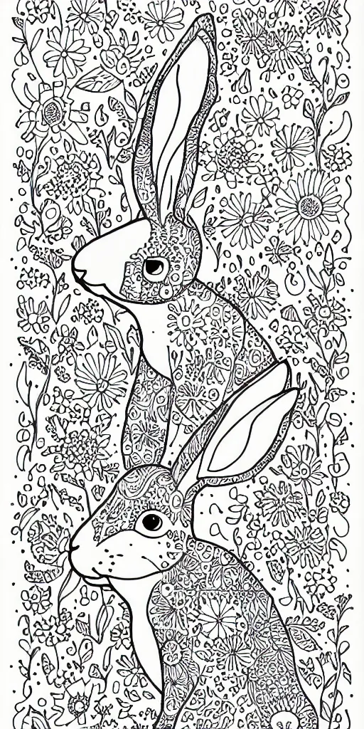 Prompt: black and white coloring book page of a bunny rabbit, wildflowers, butterflies and jewels