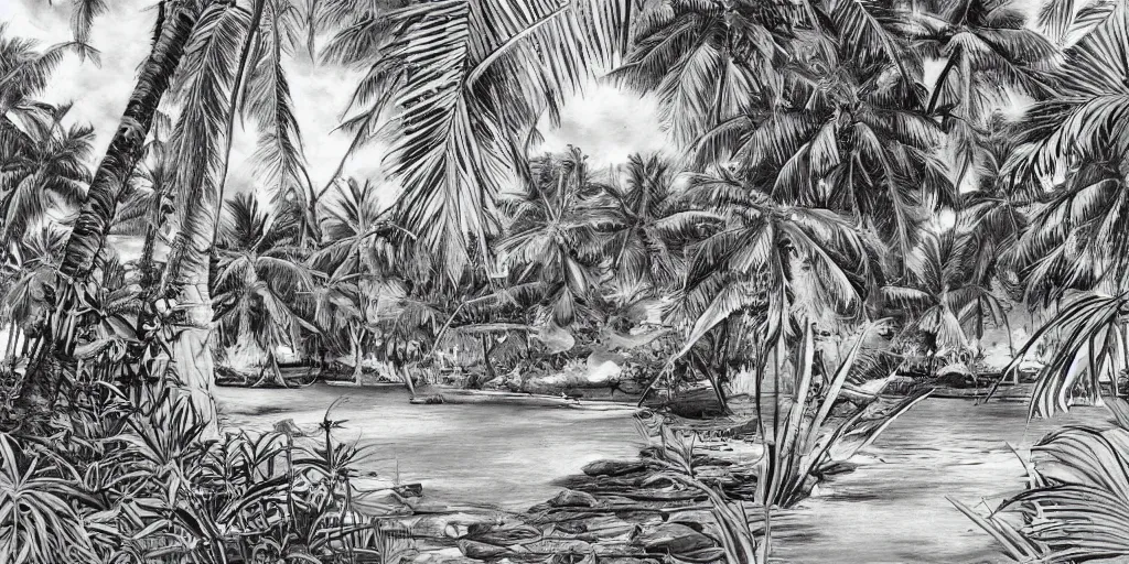 Image similar to tropical island, 8 k, high resolution, detailed charcoal drawing, beautiful hd, art nouveau, concept art, colourful artwork, in the style of axel aabrink