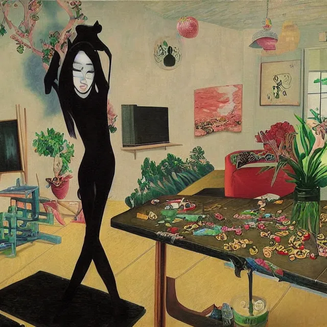 Prompt: catgirl emo art student in her lounge room, painting of flood waters inside an artist's loungeroom, a river flooding indoors, pomegranates, pigs, ikebana, water, octopus, river, rapids, waterfall, black swans, canoe, berries, acrylic on canvas, surrealist, by magritte and monet