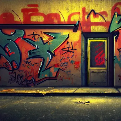 Prompt: graffiti on a wall in a run down building, happy mood, cyberpunk, futuristic, neon, high detail, golden light, realistic