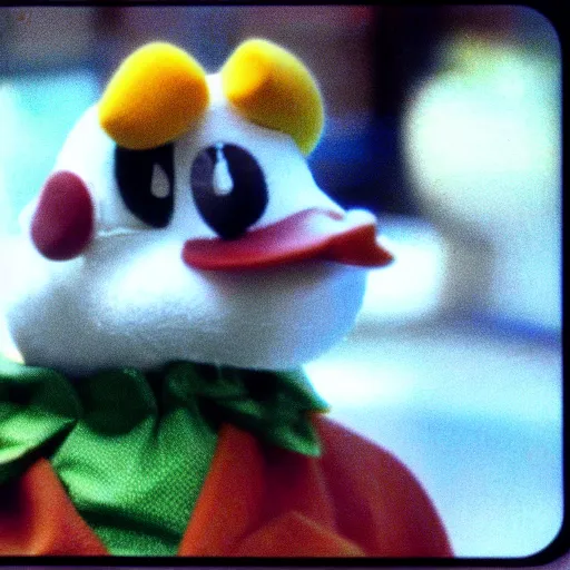 Image similar to duck creature, toy commercial from the 90s, vhs footage, haunted