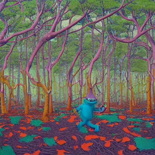 Image similar to safety cones scattered around an oak tree forest, man in muppet sasquatch sri lankan mask costume dancing in the distance, by james jean, miyazaki, hyper detailed surrealist painting