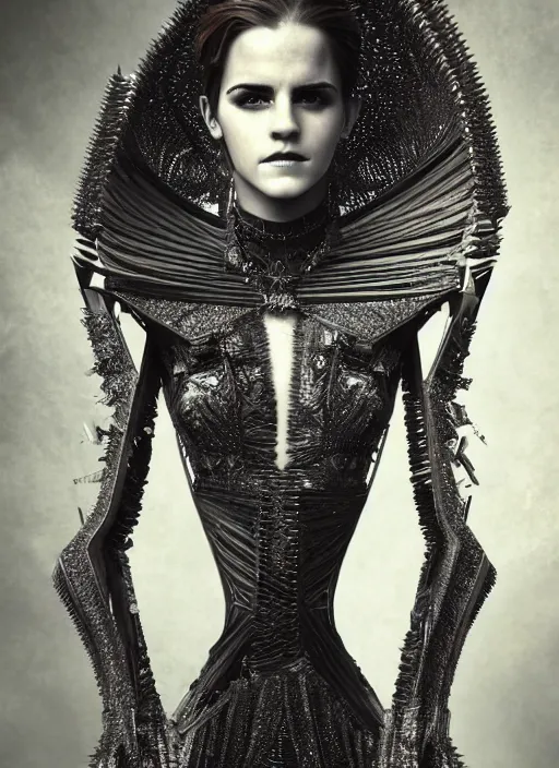 Image similar to expressive full body photo of emma watson, dress made of steel blades, glamour shot, by karol bak, stefan gesell, photorealistic, nikon d 4 x, fashion photography, hyper maximalist, elegant, ornate, luxury, elite, environmental portrait, symmetrical features, octane render, unreal engine, solid dark grey background, dramatic lights