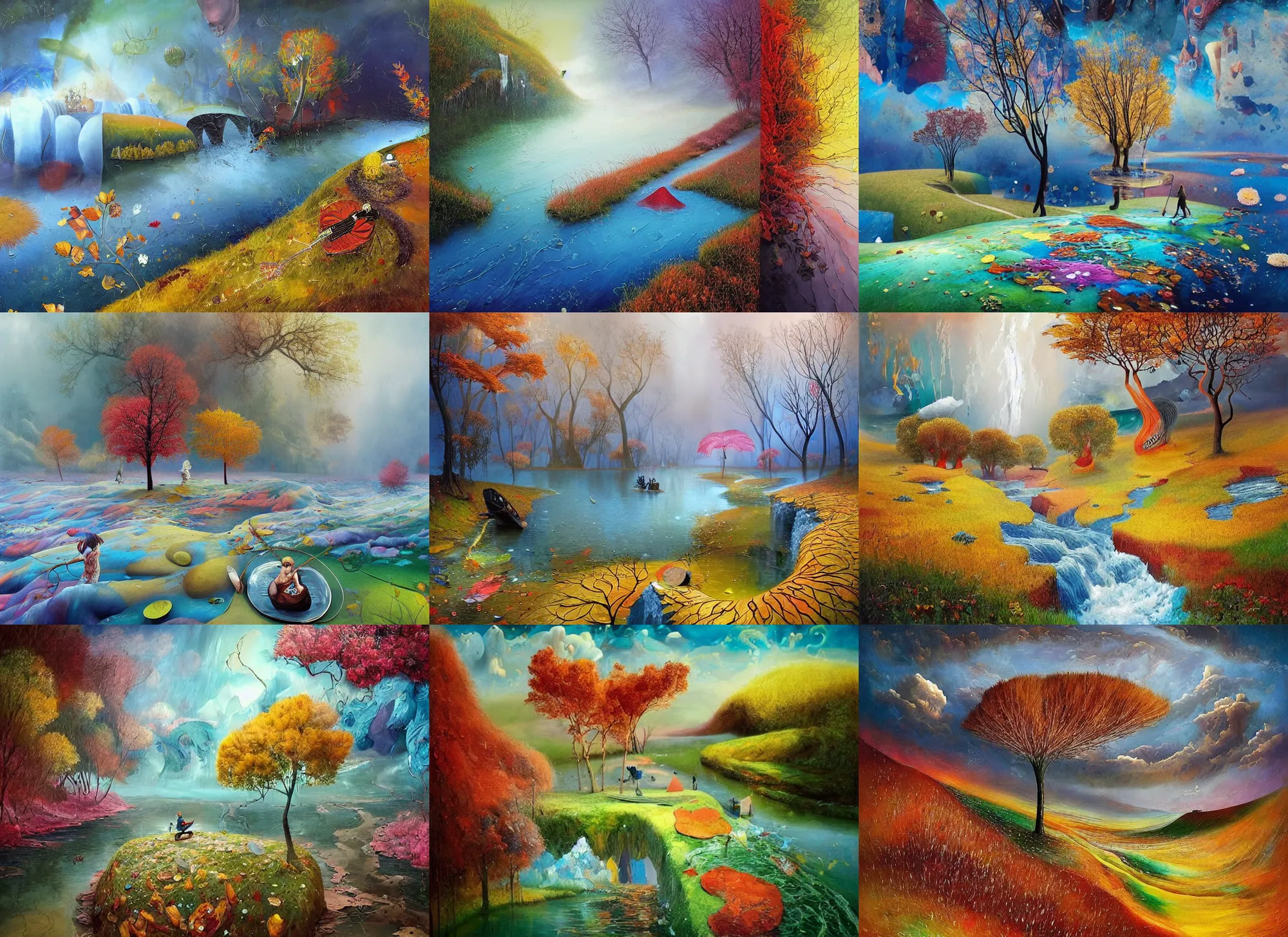 Image similar to a masterpiece! matte of the four!! seasons!! on an alien! landscape!, 🌸 ☀ 🍂 ❄, a river divides!!!, painted by gediminas pranckevicius, inspired by mimmo rotella, inspired by alberto seveso, quantum wavetracer, crepuscular rays, vray, cgsociety