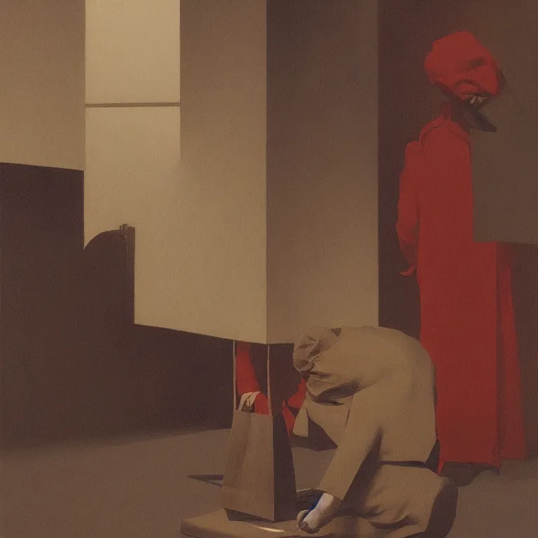 Image similar to man with a paper bag over the head and a sward Edward Hopper and James Gilleard, Zdzislaw Beksinski highly detailed