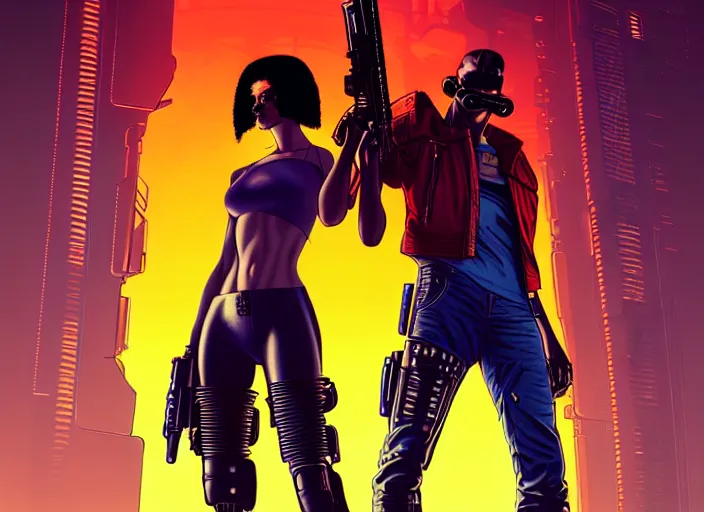 Image similar to cyberpunk gun slingers. portrait by stonehouse and mœbius and will eisner and gil elvgren and pixar. character design. realistic proportions. cyberpunk 2 0 7 7 character art, blade runner 2 0 4 9 concept art. cel shading. attractive face. thick lines. the team. diverse characters. artstationhq.