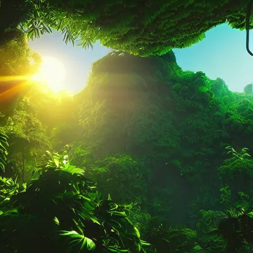 Image similar to cinema 4D colorful render, utopian jungle in space , a detailed zoned in human anatomy veins, nature, heavy green, dramatic lens flares, apes hanging from vines, a evil dark sun , depth field, unreal engine, sharp, incredible detail, professional composition, quality digital art, 4k, 4k concept art and hyper realism