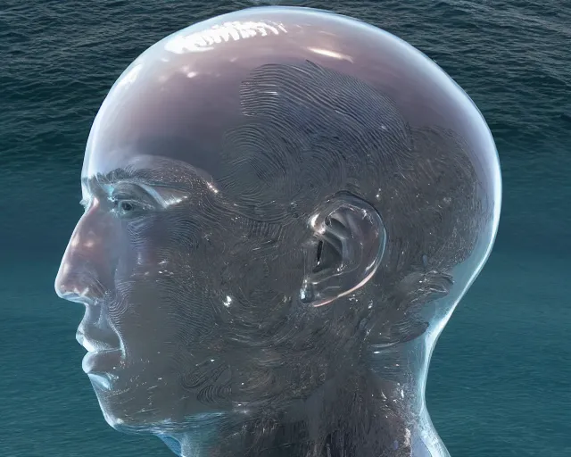 Prompt: a long shot of a giant award winning sculpture of a human head made out transparent jelly, on the surface of the ocean, in the style of chad knight, hyper detailed, hyper realistic, ray tracing, 8 k resolution, sharp focus, realistic water