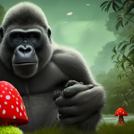 Prompt: a wholesome animation key shot of a small gorilla holding a amanita muscaria, chilled out smirk on face, listening to music, jeep in background, studio ghibli, pixar and disney animation, sharp, rendered in unreal engine 5, anime key art by greg rutkowski, bloom, dramatic lighting