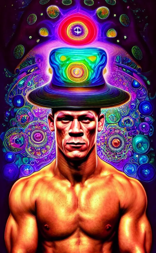 Image similar to An extremely psychedelic celestial John Cena in his black fedora hat, colorful, surreal, dramatic lighting, magic mushrooms, psilocybin, LSD, face, detailed, intricate, elegant, highly detailed, digital painting, artstation, concept art, smooth, sharp focus, illustration, art by Krenz Cushart and Artem Demura and alphonse mucha