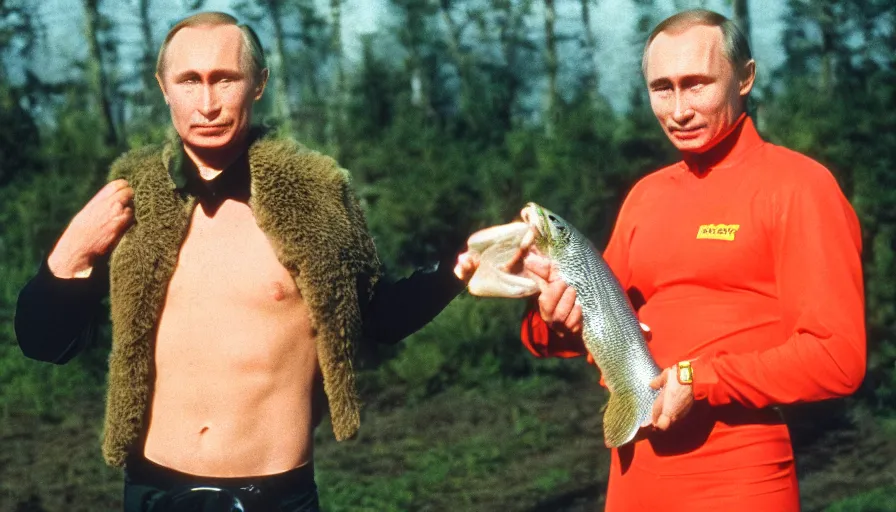 Image similar to 7 0 s movie still of putin in mankini, proudly holding a salmon. cinestill 8 0 0 t _ 3 5 mm eastmancolor, heavy grain, high quality, high detail