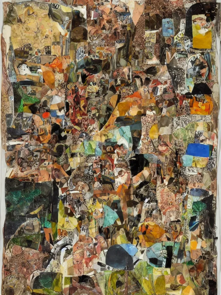 Prompt: mixed media collage by eileen agar depicting travelling through australian wilderness and outback and beaches, landscapes, interesting people, australian animals and birds, earthy color tones